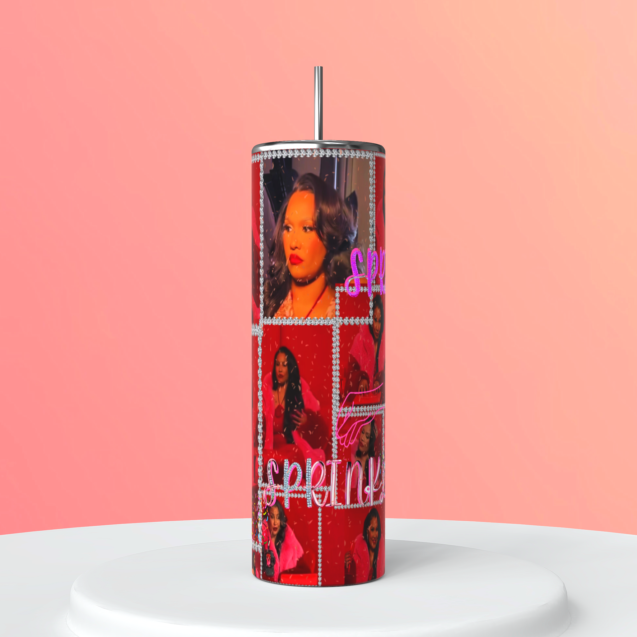 Image of 'Sprinkle Sprinkles' 20oz Skinny Tumbler, an empowering accessory inspired by Shera Seven. A delightful blend of style and motivation. Front side