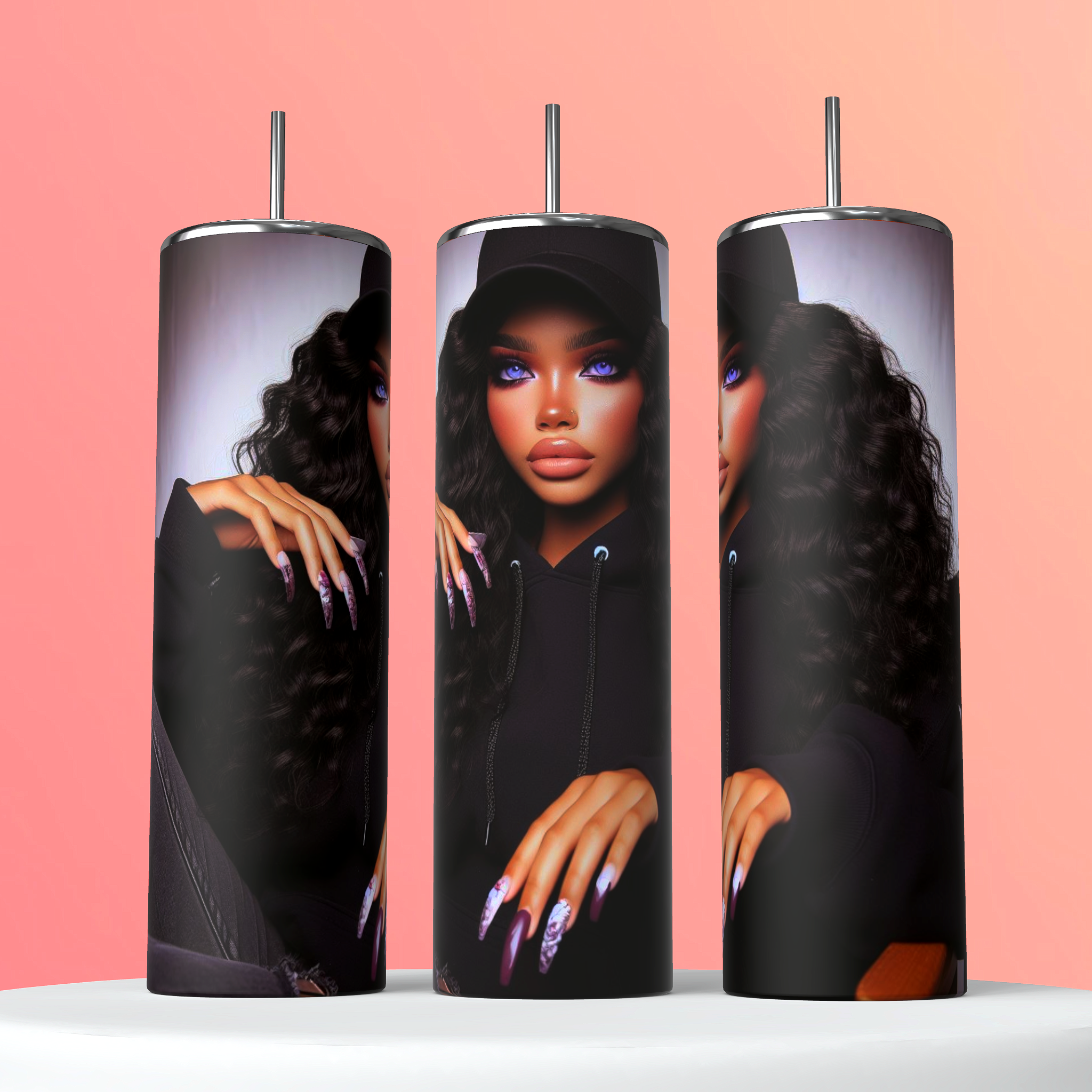 black influencer tumbler front and side view